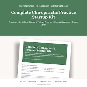 Könnte beinhalten: Ein 79-seitiges Komplett-Set für den Start einer chiropraktischen Praxis mit bearbeitbaren Word-Dateien. Das Dokument enthält einen Fahrplan, ein Handbuch für den Empfang, ein Trainingsprogramm, Formulare, Einverständniserklärungen und eine Bibliothek.