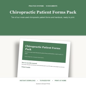 Könnte beinhalten: Ein digitales Dokument mit dem Titel Chiropractic Patient Forms Pack, das zehn druckbare Formulare und Handouts enthält. Das Dokument umfasst ein Handbuch mit Anweisungen zur Verwendung der Dateien in einem grün-weißen Layout mit klarem Text.