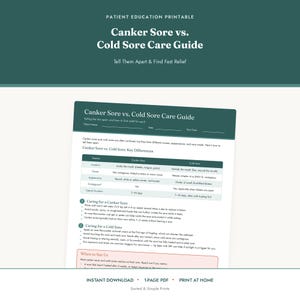 Può includere: Un foglio informativo per il paziente intitolato Canker Sore vs. Cold Sore Care Guide. Il documento presenta una tabella comparativa che dettaglia le differenze di posizione, causa, aspetto e durata, oltre alle istruzioni per la cura.