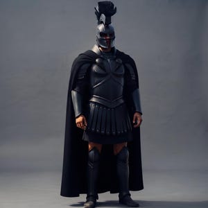 May include: A full suit of matte black armor featuring a Corinthian-style helmet with a tall crest, a breastplate, shoulder pauldrons, arm bracers, and greaves. A long, flowing black cape is attached at the shoulders, covering the back and sides.