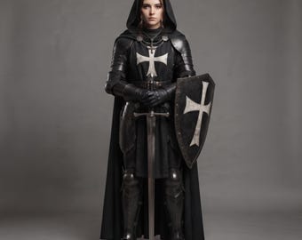 Disfraz de armadura de caballero templario negro hecho a mano para mujer, traje de armadura medieval de acero, atuendo gótico para LARP, cosplay y feria renacentista.
