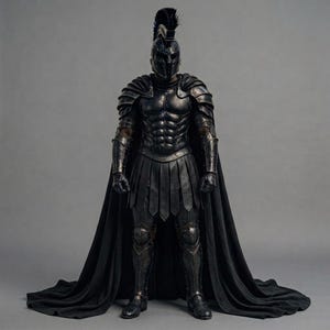 May include: A full suit of dark metallic armor featuring a Corinthian-style helmet with a black crest, a sculpted breastplate with abdominal detailing, segmented shoulder pauldrons, gauntlets, greaves, and a long, flowing black fabric cape.