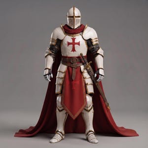 May include: A suit of white plate armour with gold trim, featuring a red cross emblem on the chest and a matching red tabard. The armour includes a full helmet, a long red cape, and a sword with a brown scabbard attached to a brown leather belt.