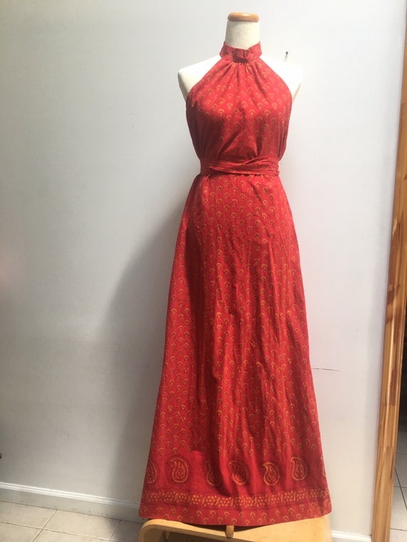 Red Halter Dress with High Collar by India Imports