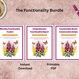 Könnte beinhalten: Drei druckbare Dokumente mit den Titeln The Functionality Bundle, Monthly Functionality Tracker, Comprehensive Functionality Report und Functionality Doctor Conversation Scripts. Jede Seite zeigt eine florale Illustration von Löwenmäulchen und Schmetterlingen.