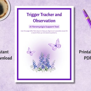 Op de afbeelding: Een printbaar PDF-document getiteld Trigger Tracker and Observation: A Fibromyalgia Support Tool. De pagina heeft een paarse rand, twee paarse vlinders en een bosje blauwe en paarse bloemen met groene bladeren aan de onderkant.