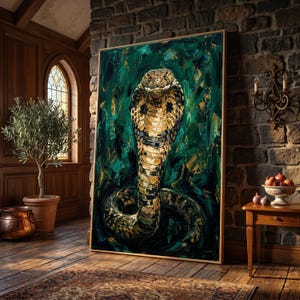 Muurdecoratie met een woeste cobra, schilderij van een wild dier, decoratie met jungle-reptielen, canvas met natuurlijke textuur, exotische wanddecoratie voor thuis