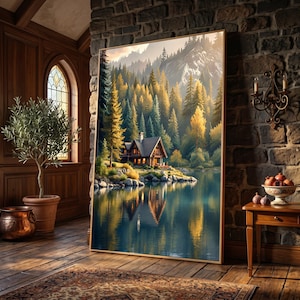 May include: A framed vertical wall art print depicting a cabin nestled in a dense forest of evergreen and golden trees beside a calm lake. The scene features a mountain backdrop, rocky shoreline, and a reflection of the cabin on the water surface.