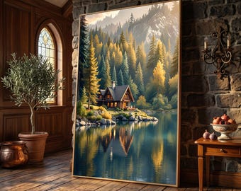 Cozy Mountain Cabin Canvas Wall Art, Lakeside Forest Landscape, Rustic Home Decor, Tranquil Nature Scene, Warm Evening Reflection Canvas
