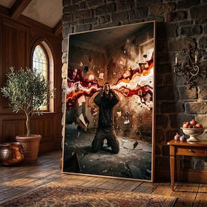 Mente creativa explosiva, arte mural surrealista sobre el estrés, decoración del hogar de expresionismo abstracto, pintura de explosión emocional, impresión artística dramática