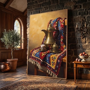 May include: A framed oil painting depicting a brass coffee pot and two matching cups resting on a vibrant, multi-coloured patterned textile with fringe. The artwork features a warm, golden-toned background and is displayed in a room setting.