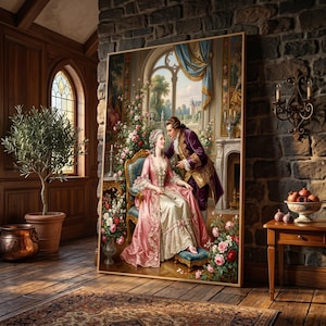 Puede incluir: Un gran cuadro rectangular enmarcado que representa una escena histórica con una persona con vestido rosa sentada en una silla azul mientras otra con abrigo morado está de pie a su lado, rodeados de arreglos florales y una vista de ventana.