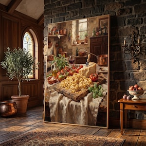 May include: A framed oil painting depicting a rustic kitchen scene with a wooden cutting board holding raw pasta nests, a large wedge of cheese, fresh tomatoes, basil, and a glass of red wine, set against a stone wall and wooden cabinetry.