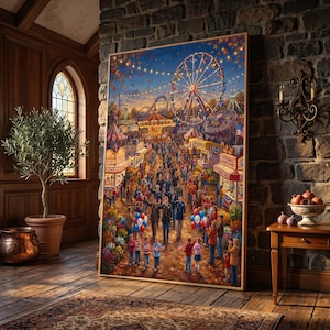 May include: A framed vertical wall art print depicting a bustling fairground scene at dusk. The image features a large illuminated Ferris wheel, a carousel, and various carnival stalls. People are walking through the fair, including individuals in military uniforms, with red, white, and blue balloons and small flags visible throughout the crowd.