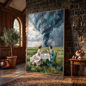 Pode incluir: Uma pintura a óleo emoldurada retratando duas pessoas sentadas a uma mesa num campo relvado, uma com um vestido branco e outra com um vestido verde, com um grande tornado escuro a rodopiar no céu, feita com pinceladas grossas e expressivas.
