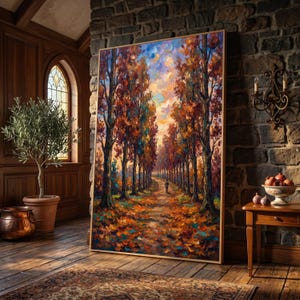 Könnte beinhalten: Ein rechteckiges gerahmtes Ölgemälde, das einen herbstlichen Waldweg mit hohen Bäumen, leuchtend orangefarbenem und gelbem Laub sowie einer einsamen Figur in der Ferne zeigt. Das Kunstwerk zeichnet sich durch dicke, strukturierte Pinselstriche aus.