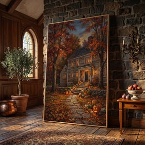 May include: A framed wall art print depicting a two-storey house at dusk surrounded by autumn trees with orange and brown foliage. A stone path leads to the front porch, which is decorated with numerous pumpkins and glowing jack-o'-lanterns.