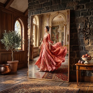 Può includere: Una grande stampa artistica rettangolare incorniciata che raffigura una persona con un abito rosso corallo fluente in un grande corridoio di palazzo con pavimenti in marmo, porte ad arco e colonne dorate, in uno stile pittorico realistico.