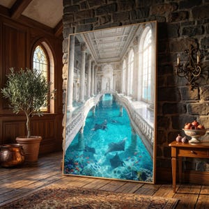 May include: A large rectangular framed wall art print depicting a flooded classical marble hallway with tall columns and arched windows. The interior space transitions into a vibrant turquoise underwater scene featuring multiple manta rays and coral.