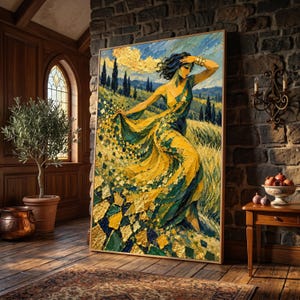 Op de afbeelding: Een rechthoekig olieverfschilderij met een figuur in een vloeiende geel-groene jurk die door een veld loopt. Het kunstwerk gebruikt dikke, getextureerde penseelstreken en bladgoudaccenten om een landschap met cipressen weer te geven.