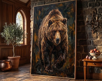 May include: A large rectangular wall art piece featuring an oil painting of a brown bear with thick fur, rendered in textured brushstrokes of dark brown, gold, and black, set within a simple wooden frame and displayed in a room interior.