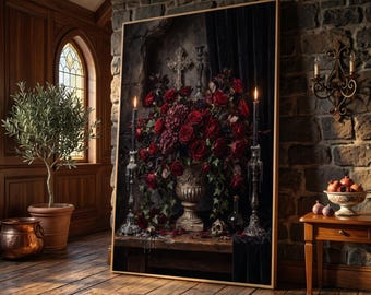 May include: A framed wall art print depicting a dark still life scene with a stone urn overflowing with deep red roses and dark green ivy, flanked by two tall black candles in ornate holders, a small skull, and a cross against a black backdrop.