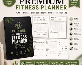 Planificador de fitness Fit Fuel Premium / Registro imprimible de entrenamiento, nutrición y hábitos en PDF / Diario de bienestar digital