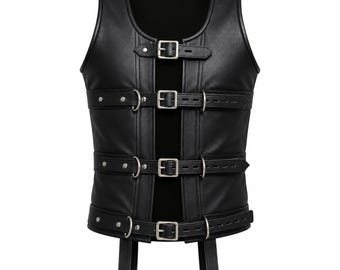 Men's Black Genuine Leather Corset Cincher Vest – Lockable, Adjustable Straps