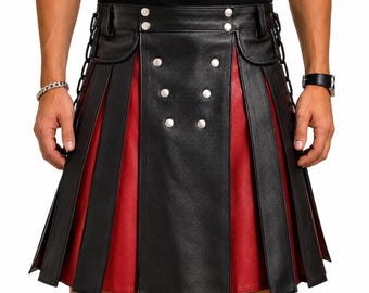 Men Black & Red Leather Utility Kilt Gothic Warrior Style Side Lacing Adjustable Custom Fit