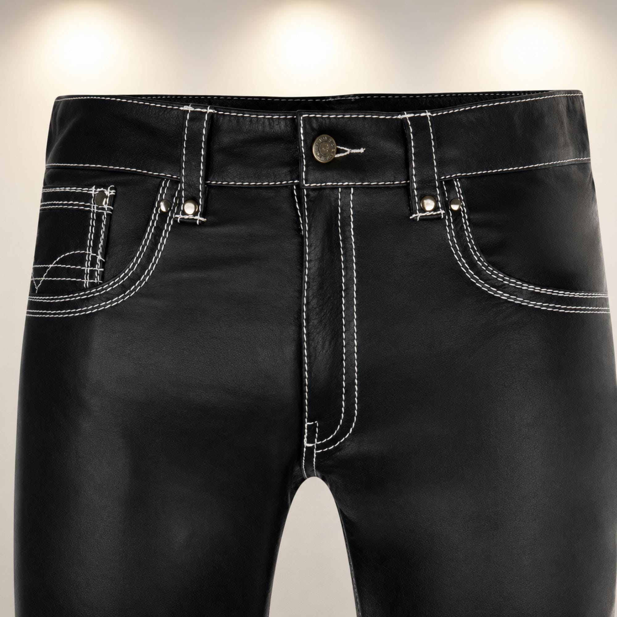 Men's Genuine Leather Biker Pants: 501 Style Motorcycle Jeans with White Contrast Stitching