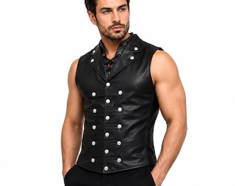 Men's Victorian Leather Corset Waistcoat: Steel Boned Gothic Vest, Lace-Up Back