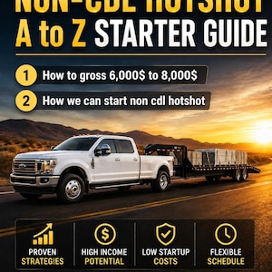 May include: A digital guide titled NON-CDL HOTSHOT A to Z STARTER GUIDE featuring a white pickup truck towing a flatbed trailer. Text includes how to gross 6,000$ to 8,000$, proven strategies, high income potential, low startup costs, and stay under 26,000 lbs.