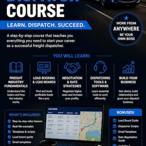 Puede incluir: Un gráfico promocional para un curso de despacho de carga con un camión azul, texto "FREIGHT DISPATCH COURSE", "LEARN A SKILL. BUILD FREEDOM. GET PAID" y "WORK FROM ANYWHERE", iconos, una computadora portátil con un tablero de carga y un cuaderno.