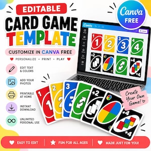 May include: An editable card game template displayed on a laptop screen, featuring colorful numbered and action cards. The design includes text such as EDITABLE CARD GAME TEMPLATE, CUSTOMIZE IN CANVA FREE, and Create Your Own Game, with icons for editing.