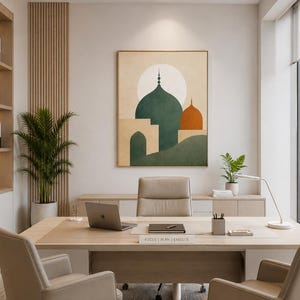 May include: A framed wall art print featuring a stylized architectural scene with a large green dome, a smaller orange dome, and arched structures against a pale circular background. The artwork uses muted earth tones and geometric shapes.
