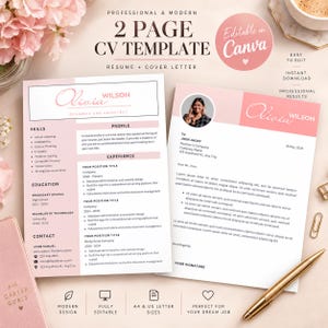 Peut inclure: Un ensemble de modèles de CV de deux pages comprenant un curriculum vitae et une lettre de motivation en rose pâle et blanc. Les documents incluent des sections pour les compétences, le profil, l'expérience et l'éducation avec du texte fictif.