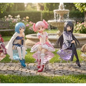 Könnte beinhalten: Fünf Anime-Figuren sitzen auf einzelnen, durchscheinenden, facettierten, edelsteinförmigen Hockern. Die Figuren haben unterschiedliche Haarfarben wie Rot, Blau, Pink, Schwarz und Blond und tragen detaillierte Outfits mit verschiedenen Accessoires.