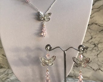 Crystal butterfly necklace and earrings