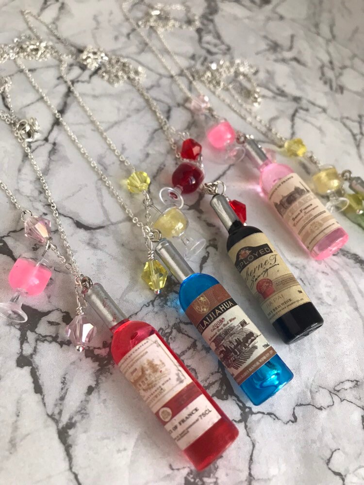 Wine Bottle Crystal Charm Necklace Etsy UK
