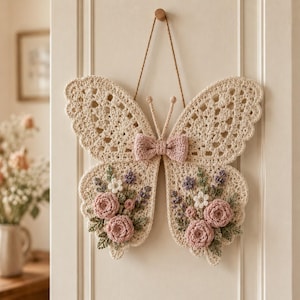 May include: A cream-colored crochet butterfly wall hanging featuring an intricate openwork wing pattern, a small pink bow at the center, and decorative clusters of crocheted pink roses, white flowers, and green leaves on the lower wings.