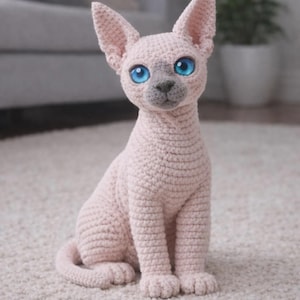 Sphynx Cat Crochet Pattern, Realistic Hairless Kitten Amigurumi PDF, Blue Eyed Feline Toy Tutorial