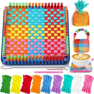 May include: A square blue plastic weaving loom with colorful fabric loops in orange, blue, yellow, pink, and red. Includes a metal hook, a pink plastic needle, nine bundles of fabric loops, a pineapple-shaped coaster, a small bag, and a coaster.