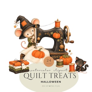 Op de afbeelding: Een aquarelillustratie van een muis met een heksenhoed achter een vintage naaimachine. De afbeelding bevat stapels stof, garenklosjes, een pompoenvormig speldenkussen en een zwart kitten. Tekst: 24 FILES QUILT TREATS HALLOWEEN.