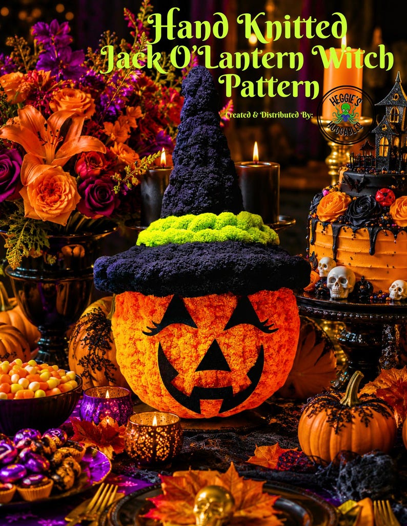 May include: A hand-knitted jack-o'-lantern witch pattern featuring a bright orange pumpkin base with a black face and a tall, textured black witch hat with a lime green band. The text "Hand Knitted Jack O'Lantern Witch Pattern" is visible.