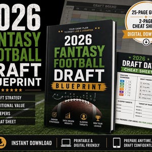 May include: A 2026 fantasy football draft blueprint guide and cheat sheet digital download. The black book cover features a brown football, white and green text, and icons for draft strategy, positional value, sleepers, and cheat sheets.