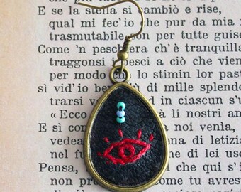 Pendientes - Ojo turco - Bordados a mano y con cuentas - Montura de bronce antiguo