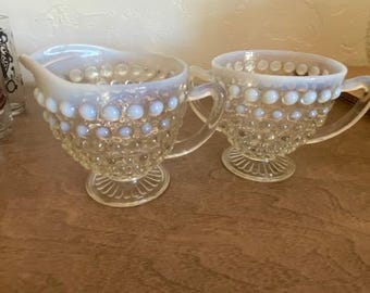 Vintage Fenton Carnival Irredecent Milk Glass Hobnail Creamer & Sugar