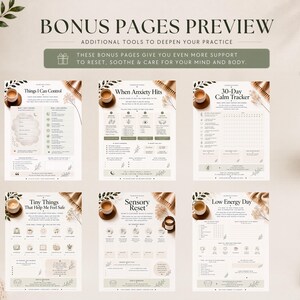 May include: A digital preview of six bonus pages featuring wellness tools. The pages are titled Things I Can Control, When Anxiety Hits, 30-Day Calm Tracker, Tiny Things That Help Me Feel Safe, Sensory Reset, and Low Energy Day, with text and icons.