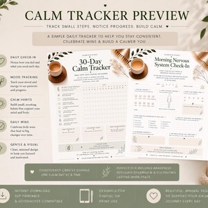 May include: A 30-day calm tracker and morning nervous system check-in printable set. The pages feature a beige background with dark text, floral illustrations, and sections for daily checklists, mood tracking, and habit building for personal wellness.