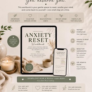 May include: A digital workbook titled Anxiety Reset Workbook displayed on a tablet and smartphone screen. The layout includes text headers, icons, and instructional sections about self-care, nervous system regulation, and healing, presented in a neutral beige color palette.